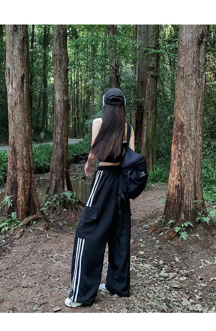 Women Casual Baggy Stripe Cargo Pants Solid Low Waist Joggers Pants Drawstring Wide Leg Baggy Trousers Y2K Streetwear Sweatpants