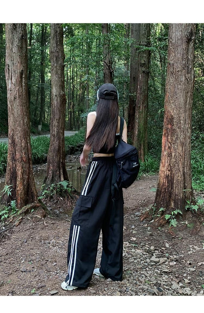 Women Casual Baggy Stripe Cargo Pants Solid Low Waist Joggers Pants Drawstring Wide Leg Baggy Trousers Y2K Streetwear Sweatpants