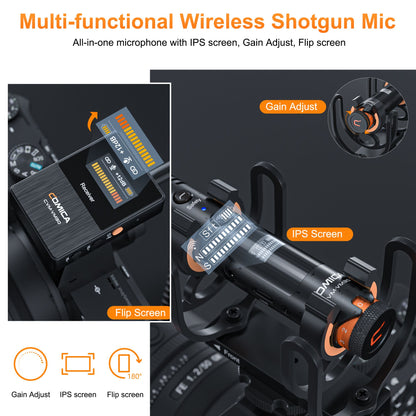 Comica VM30 2.4G Microfone Shotgun Sem Fio Supercardioide Microfone On-camera com Controle de Ganho para Câmera, Smartphone, Computador