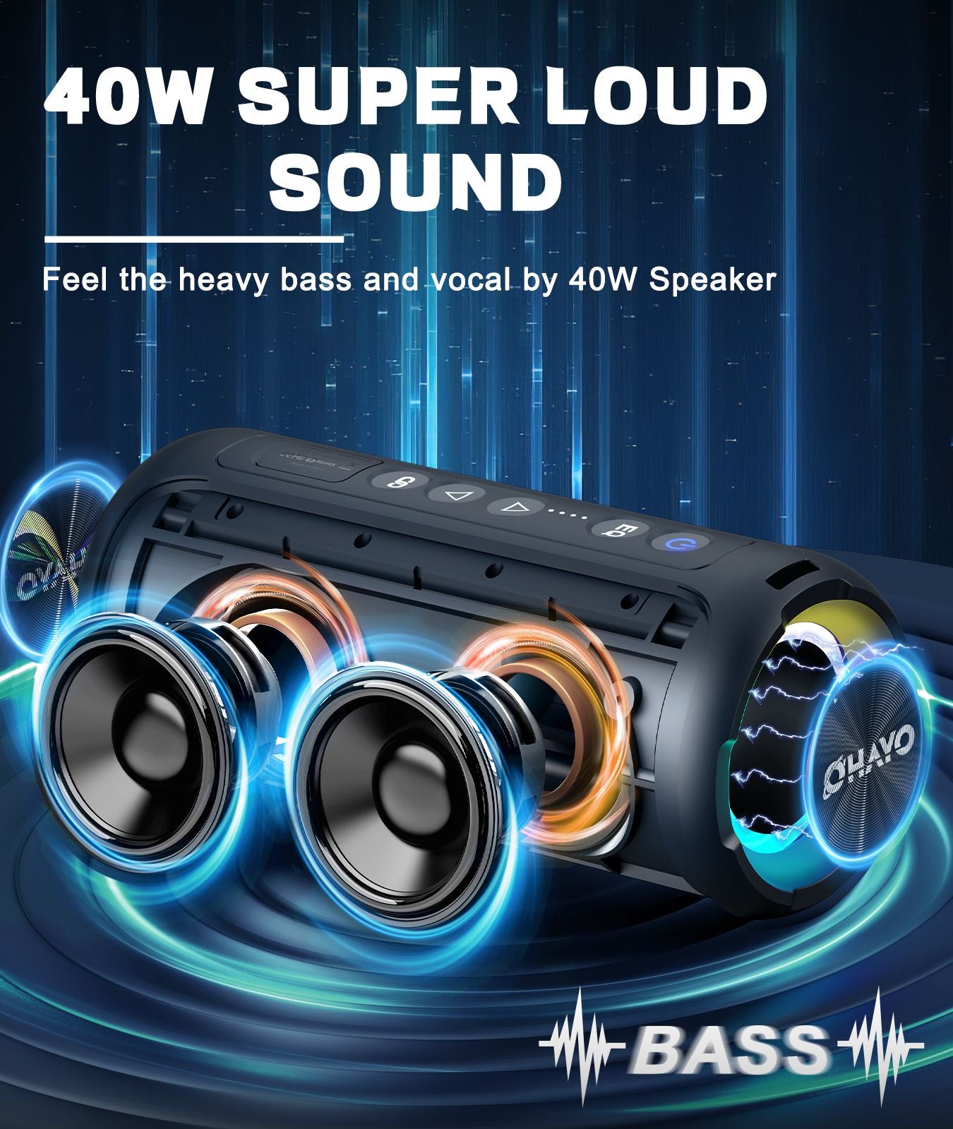 Caixas de Som Bluetooth Ortizan 40W, Graves Aprimorados, Alto-falante Sem Fio Portátil para Exterior, 30 Horas de Duração, À Prova D'água IP7, Alto-falante de Chuveiro Bluetooth 5.3