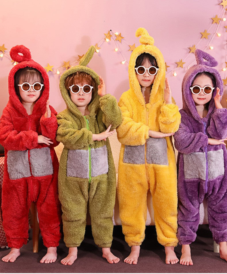 Adult Kids Teletubbies Costumes Soft Long Sleeves Piece Pajamas Costume Lala Home Clothes Cosplay Adult Unisex HomeWear