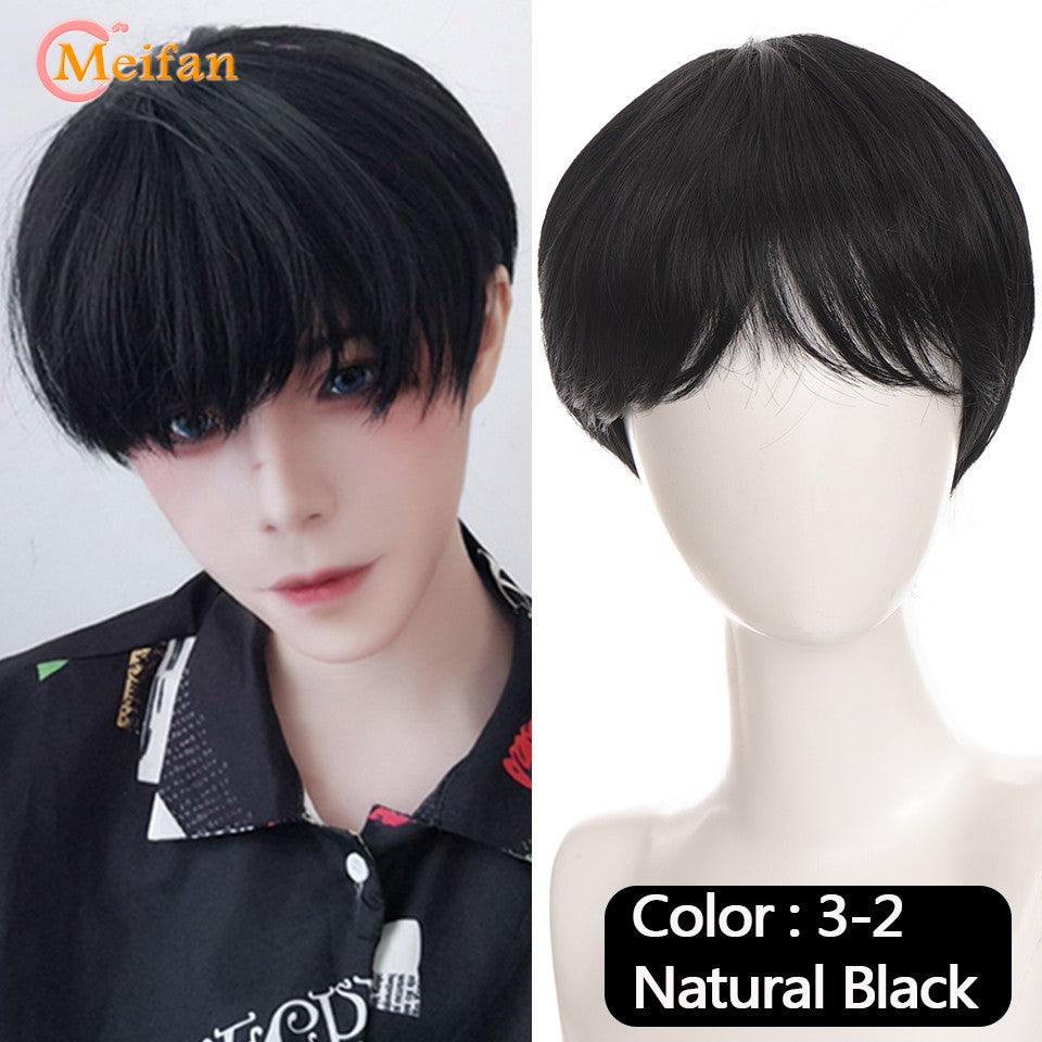 Peruca MEIFAN Sintética Curta para Cosplay Lolita Anime Masculina Cabelo Liso Masculino Fibra de Alta Temperatura Rosa Azul Louro Ombré Preto Peruca