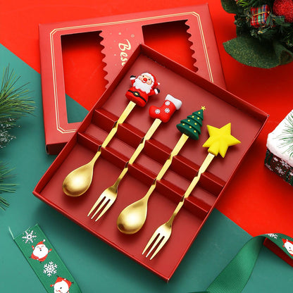 Christmas Cutlery Set Elk Dessert Scoop Fruit Fork Coffee Spoon Stainless Steel Dessert Fork 4/6PCS Christmas Spoons Fork Set