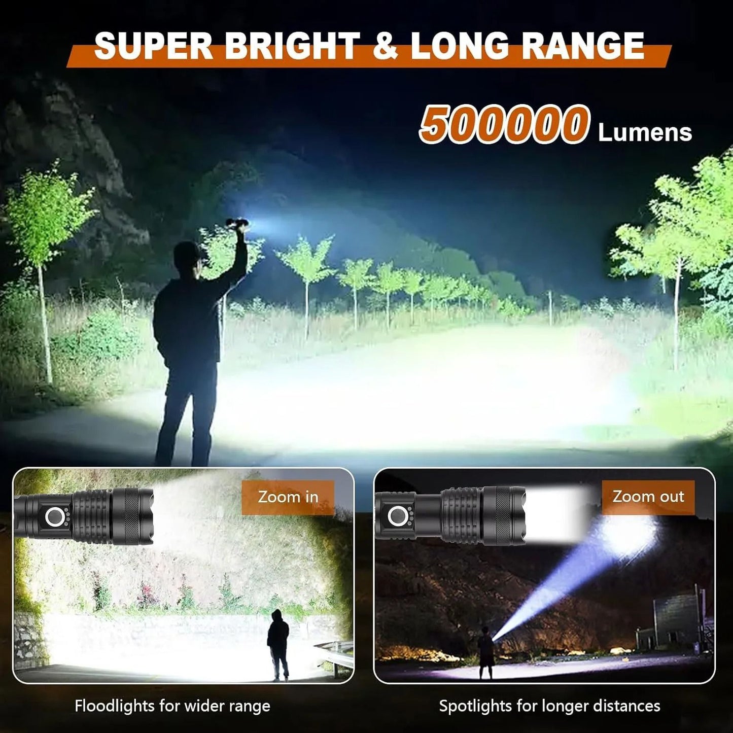High Power Rechargeable LED Tactical Flashlight Aluminum Alloy Super Bright Telescopic Zoom Torch Lamp Outdoor Camping Fishing