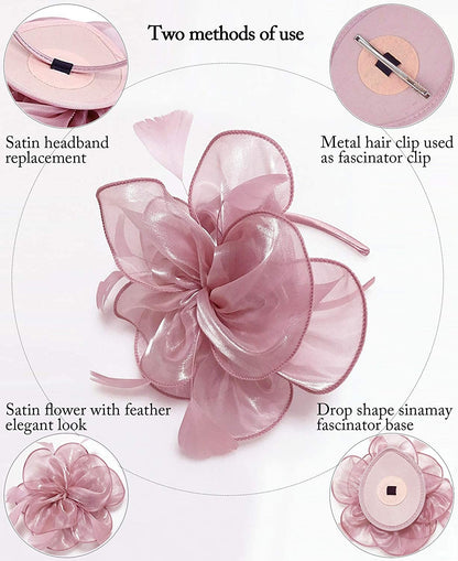 Novo Chapéu Fascinator de Organza Feminino com Flor de Pena Kentucky Derby Cocar Chapéu Pillbox para Casamento Chá da Tarde Acessórios de Cabelo com Clipe
