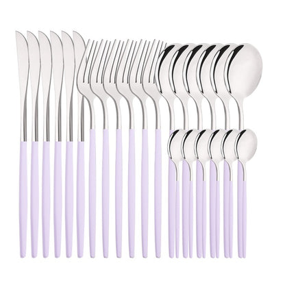 Conjunto de Talheres Roxo de 24 Peças com Cabo Roxo em Aço Inoxidável Dourado, Faca, Garfo, Colher de Café, Conjunto de Talheres Prateados