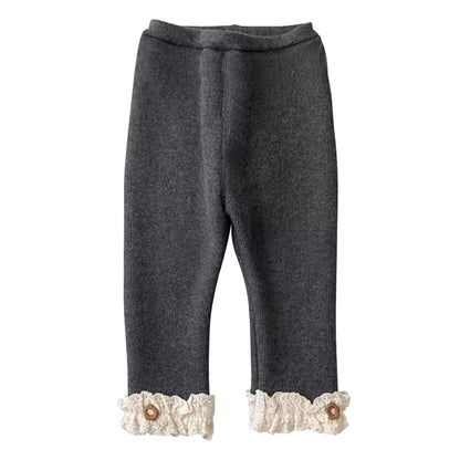 Girls Slim Fit Leggings Kids Cozy Fleece Lined Winter Pants with Decorative Lace Edging Children Outdoor Wear Clothing