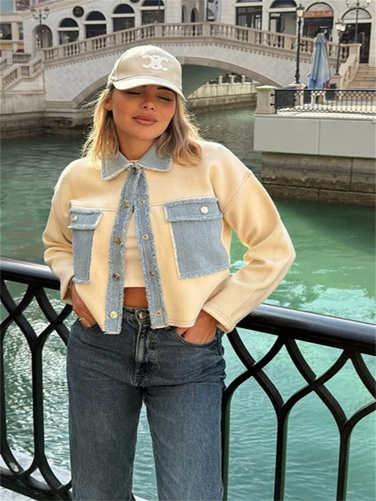 Women 's Jackets Laple Denim Patchwork Fringes Big Pockets Single Breasted Long Sleeve Coat Female 2025 Spring New Lady Outwears