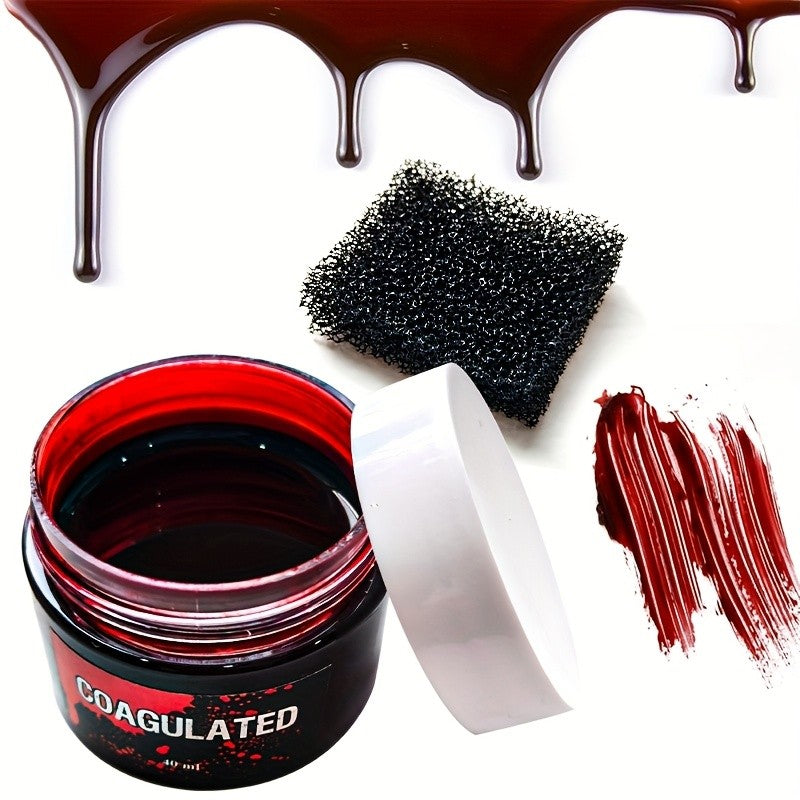 1pc Halloween Fake Blood Makeup Kit, Bright Red Coagulated Fake Blood Paste with Sponge, Realistic Artificial Blood for Party Z