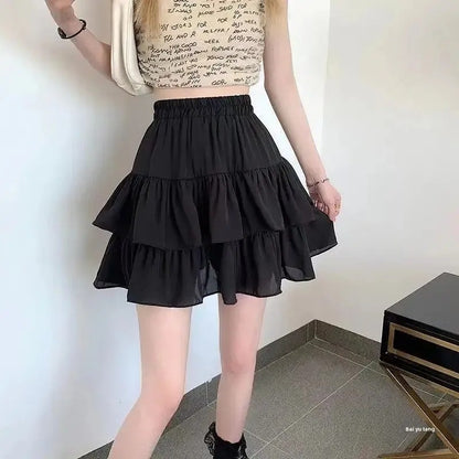 Pleated A-line Skirt White Women Ruffles Sweet Hottie Preppy Style Elastic Elast