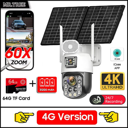 Câmeras de segurança solares externas 4K, 4G SIM, 2 lentes/tela, zoom óptico de 60x, rastreamento automático, PTZ 360°, câmera IP para vigilância residencial