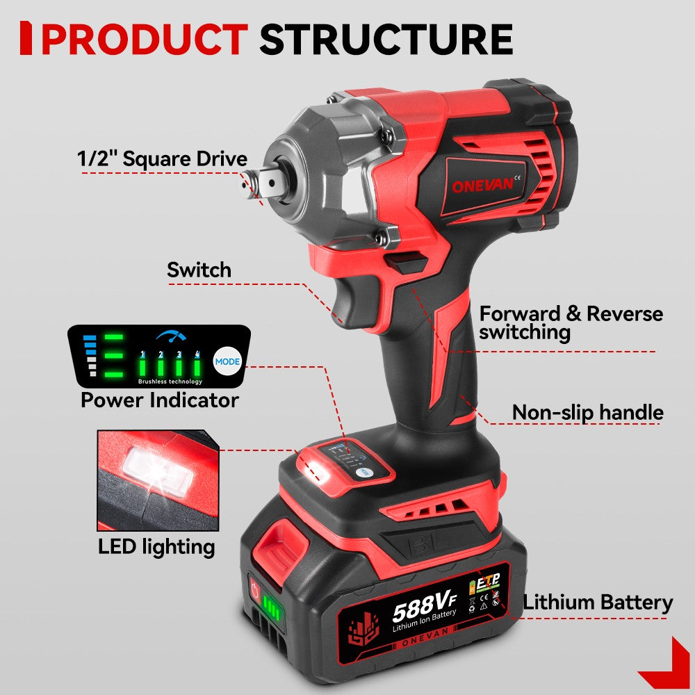 Parafuso de impacto elétrico sem fio sem escovas ONEVAN 1200 W Chave de fenda portátil Ferramenta de reparação para bateria Makita 18 V Pin