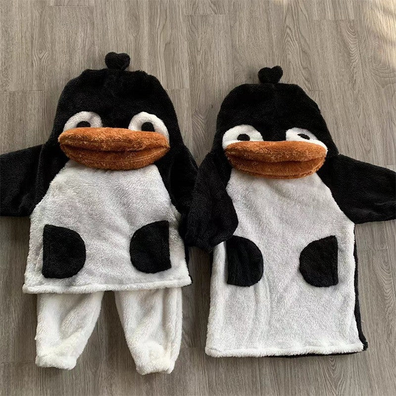 2025 Winter Infants Toddlers Pajamas Set Penguin Style Children's Warm Thicken Flannel Sleepwear Soft Loose 2 Pcs Suit Plush Pjs