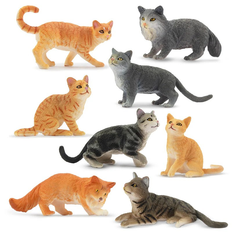 Toymany 8Pcs Grey & Orange Cat Figures, Simulation Pet Animal Model Toys for Kids Children Gift Set, Mini Collectible