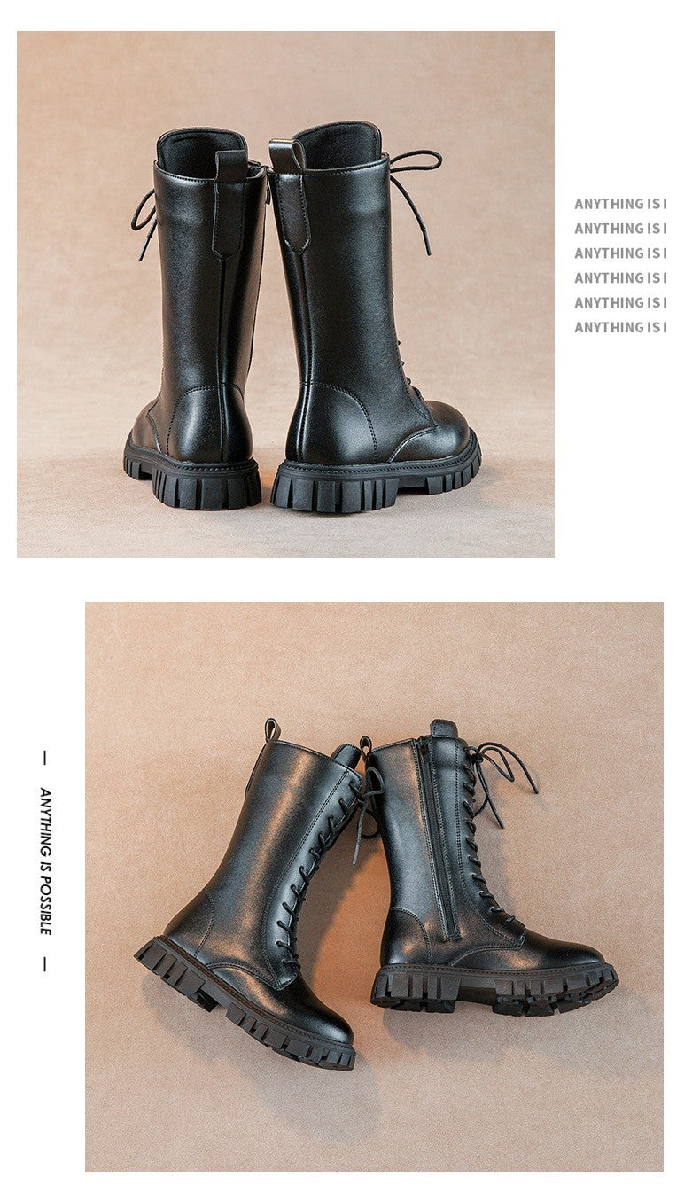 2025 Autumn/Winter  Fashion Cool Baby Girls Warm Square Heel Round Toe Casual Lace-Up Comfortable Kids Black Mid Boots