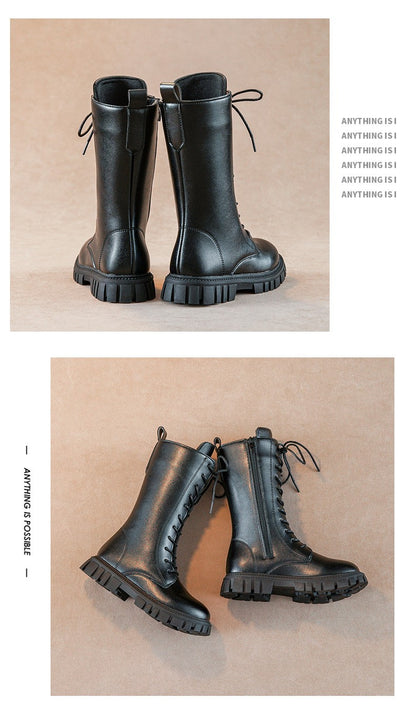 2025 Autumn/Winter  Fashion Cool Baby Girls Warm Square Heel Round Toe Casual Lace-Up Comfortable Kids Black Mid Boots