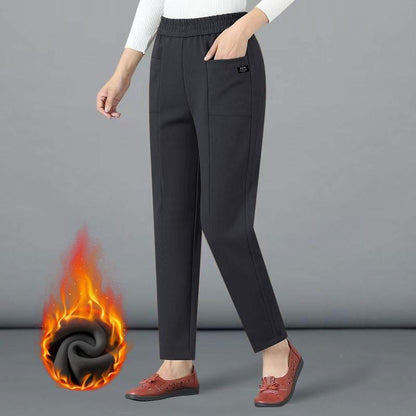 High Waist Straight Leg Pants Women's Fleece Lined Elastic Casual Mom Pants Spring Autumn Winter Polyester Fiber Harlan Pants