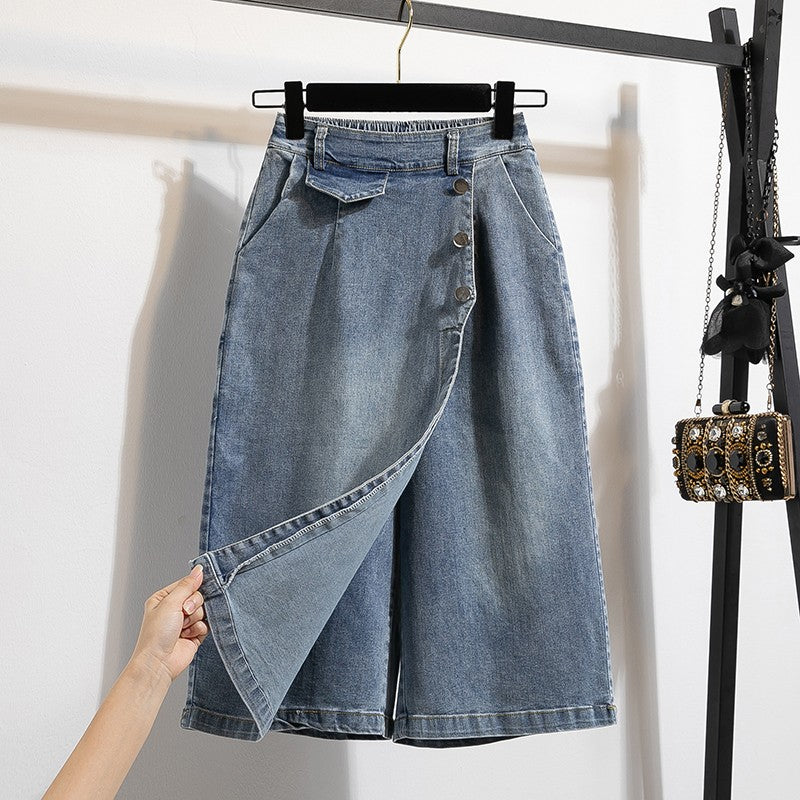 Plus Size Denim Skirt Women Autumn 2024 New High Elastic Waist Blue Color Jeans Skirts With Lining Korean Style Casual Skirt