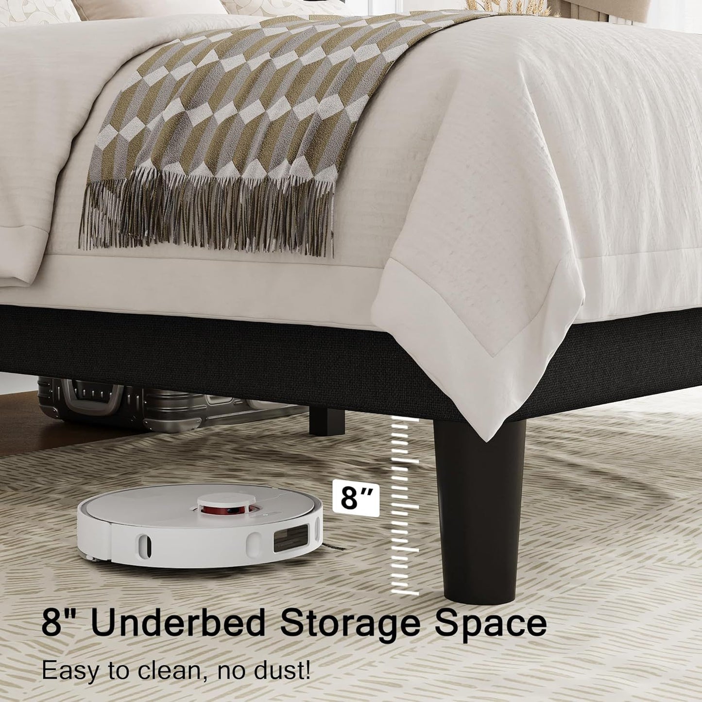 Queen Size Upholstered Bed Frame with Wingback Headboard, Fabric Linen Platform Bed, 8" Under Bed Storage, Wooden and Me