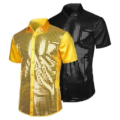 70s Shiny Surface Men Shirt Turn-down Collar Single-breasted Long Sleeves Buttons Cotton Shirt Club Party Disco Stage Show Shirt