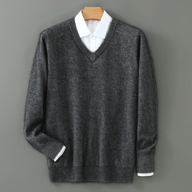 Autumn And Winter New Warm Pure Mink Cashmere Sweater Men's V-neck Pullover Thickened Plus Size Knitted Bottoming Shirt