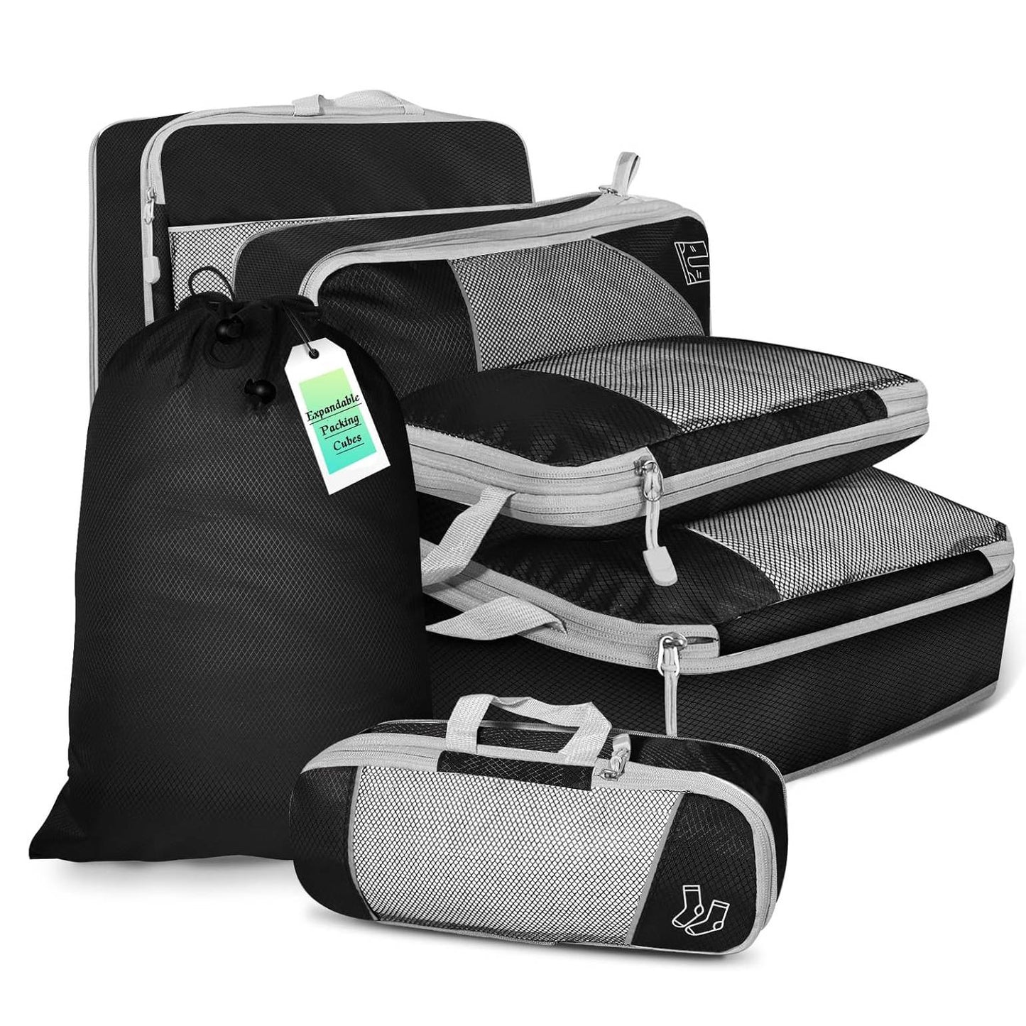 6PCS Travel Compressed Packing Cubes Storage Organizer Set With Shoe Bag Mesh Visual Luggage Portable Lightweight Suitcase Bag