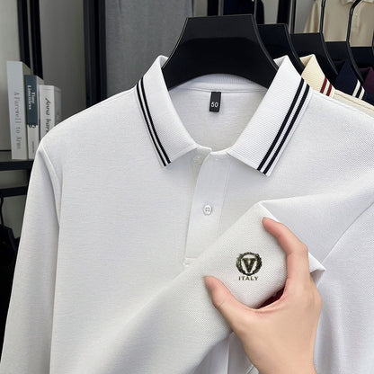 100Cotton Luxury Quality Men's Polo Shirt Striped Collar Breathable V-Print Long Sleeve Autumn Lapel T-Shirt Business Menswear