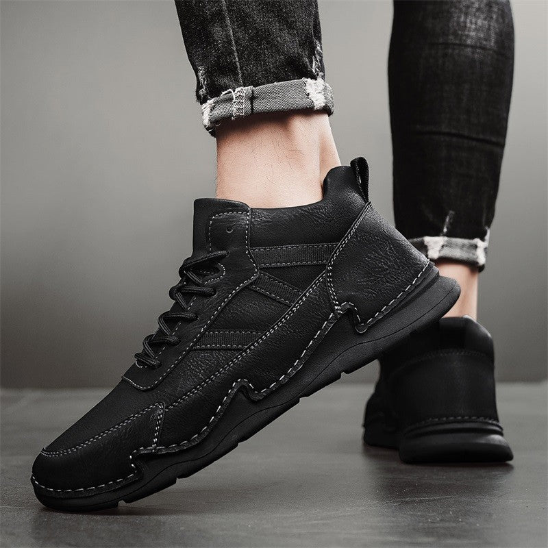 Handmade Mens Low Top Sneakers Classic Mens Leather High Top Shoes Fashion Outdoor Motorcycle Boots Lace Up Non-Slip Ankle Boots