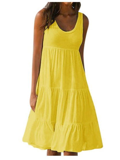 Plus Size Women Causual O Neck Sleeveless Ruffles Mini Dress Boho Solid Beach Sundress Oversized Loose Dress 2025 Summer