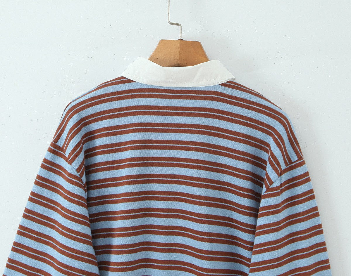 Autumn New Striped Loose Polo Collar Women Tops Fashion Vintage Patchwork Long Sleeve T Shirt Streetwear Women Basic Tops