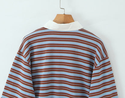 Autumn New Striped Loose Polo Collar Women Tops Fashion Vintage Patchwork Long Sleeve T Shirt Streetwear Women Basic Tops