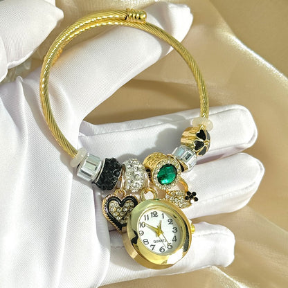 Cross-border Gold Bracelet Watch Adjustable opening Alloy bracelet Quartz Watch Beaded Small flower bracelet Watch