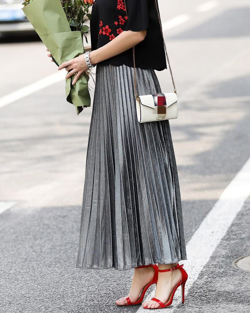 Check Skirt Pleated Maxi Skirt High Waist Harajuku Large Swing Gold Long Skirts For Women  XXL Saias