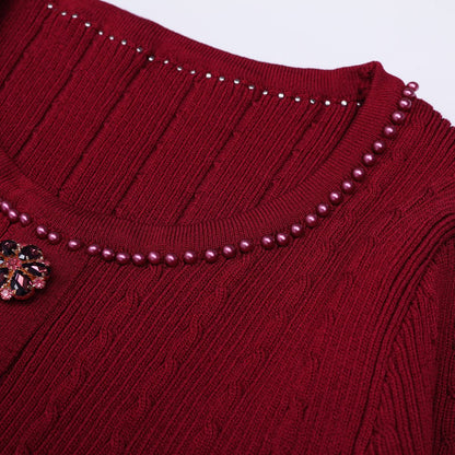 High Quality Spring And Autumn New Fashion Knitted Heavy Industry Pearl Slim Fit And Slimming Round Neck Long Sleeved Dress