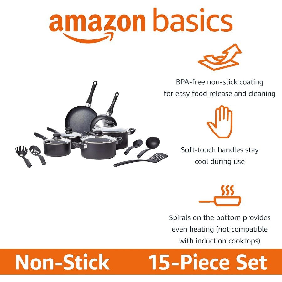 Conjunto de Panelas e Utensílios de Cozinha Antiaderentes com 15 Peças para Culinária Doméstica Não Compatível com Fogões de Indução Inclui Panelas Frigideiras Resistentes e Utensílios Essenciais