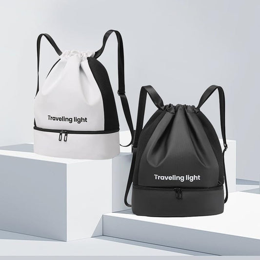 Fitness Drawstring Backpack with Shoe Compartment, Multi-Pocket Nylon Sports Bag for Gym Training, Fringe Decoration & Frame Des