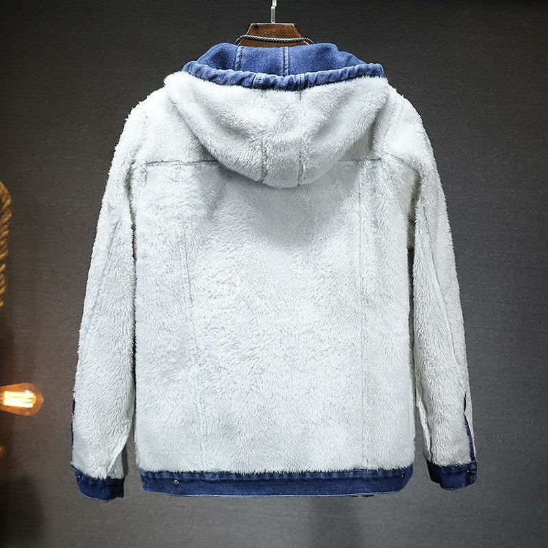 Thicker Winter Jacket Men Warmer Hooded Denim Lambswool Hooded and Padded Denim Jacket Imitation Lamb Wool Fleece Mens Clothes