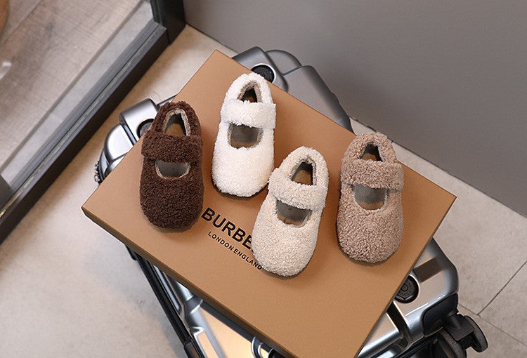 Children Fur Shoes 2024 Winter Kids Warm Plush Shoes For Girl Flat Loafers Moccasins Girls Casual Shoes Khaki, Beige