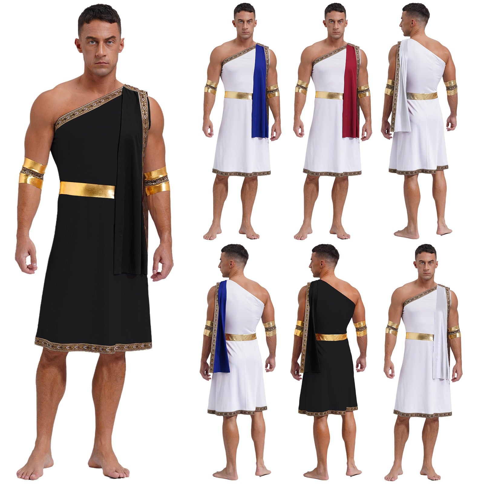 Mens Ancient Greek Toga Roman King Prince Cosplay Costume Halloween One Shoulder Embroidered Robe Dress Theme Party Outfits