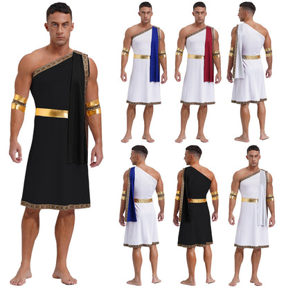 Mens Ancient Greek Toga Roman King Prince Cosplay Costume Halloween One Shoulder Embroidered Robe Dress Theme Party Outfits