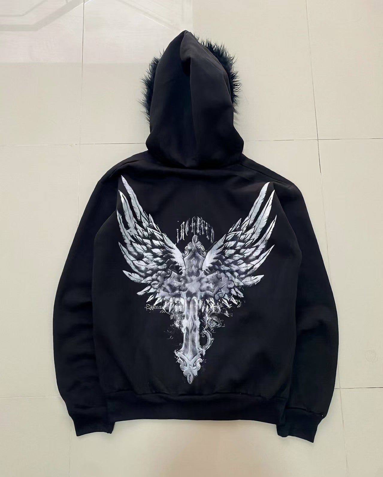 Autumn and winter fashion figure pattern wing letter fleece men hoodie American street hip-hop clothing couple casual sportswear