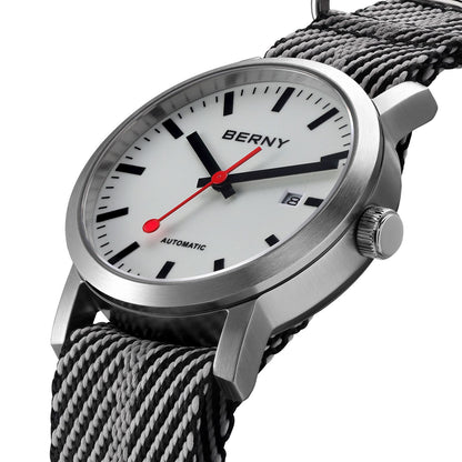 BERNY Automatic Watch Men 40mm Luminous Railway Time Dial MIYOTA 8215 Nylon Strap Sapphire 50M Waterproof Men's Mechanical Watch