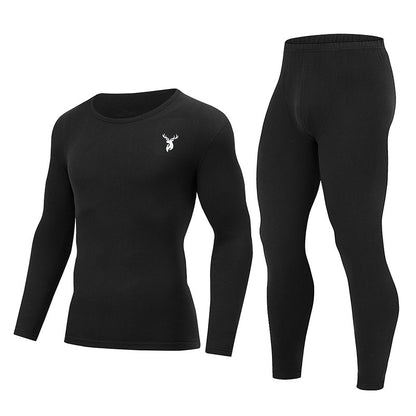 2-piece Autumn And Winter Men's Fashion Lucky Deer Pattern Solid Color Basic Warm Underwear Set Comfortable Long Sleeve Pants