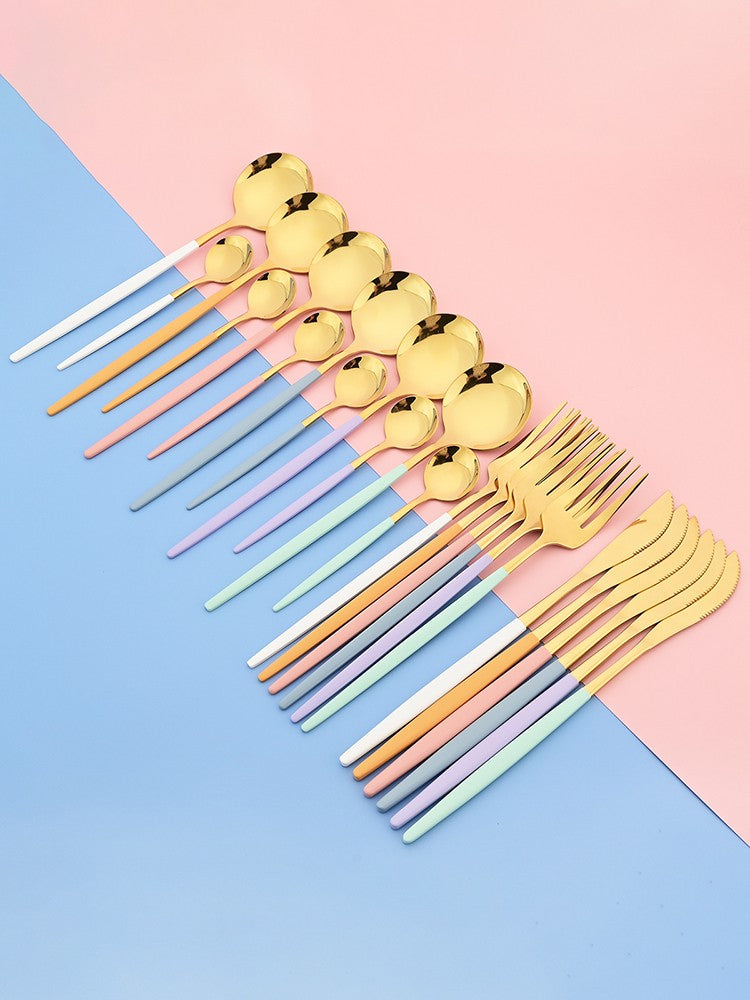24Pcs Dinnerware Set Stainless Steel Tableware Knife Fork Tea Spoon Cutlery Set Multiple Colour Silverware Kitchen Flatware Set