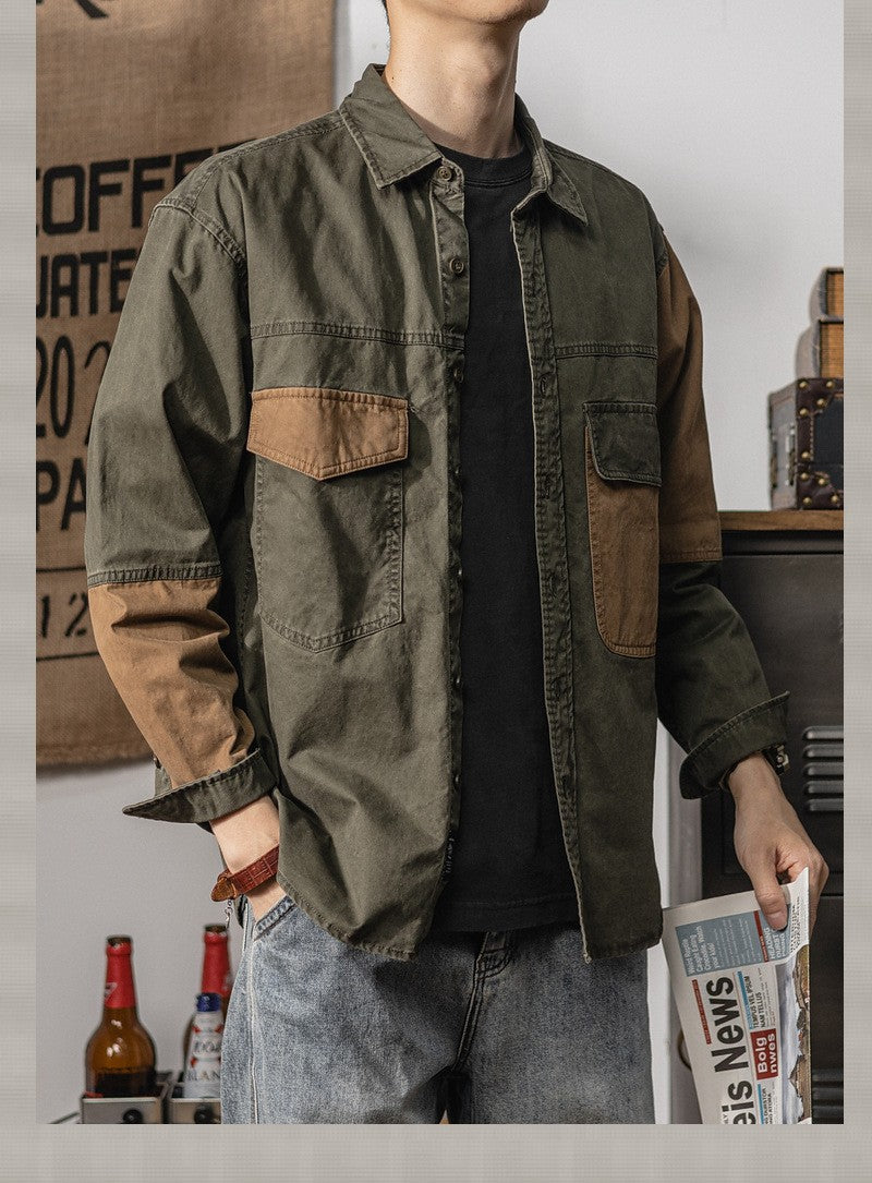 Spring and autumn new American vintage khaki loose long-sleeved shirt Japanese casual cargo shirt men's patchwork trend top
