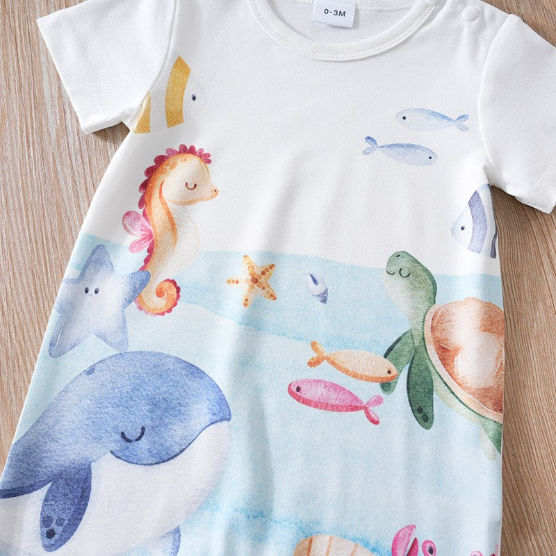 Newborn Clothing Cute Cartoon Marine Animal Print Comfortable And Soft 0-18 Boys And Girls Summer Short Sleeved Baby Jumpsuit