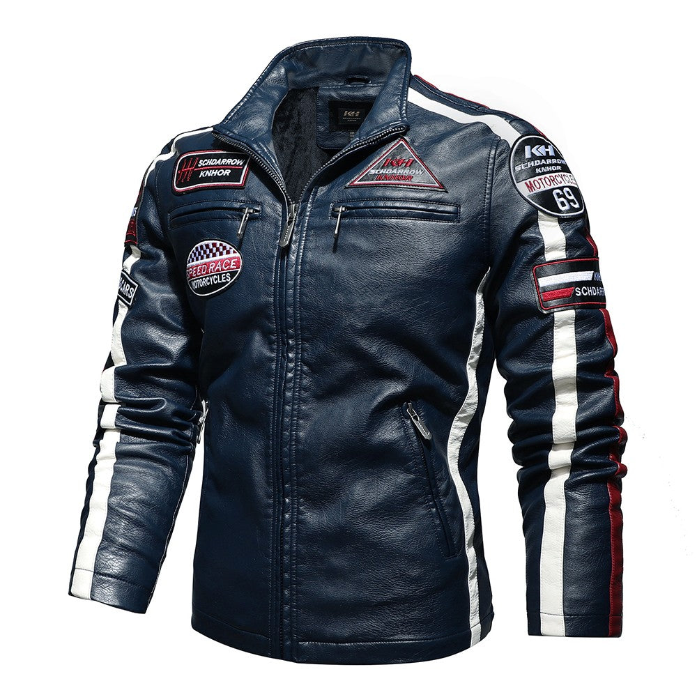 Vintage Motorcycle Jacket Men Fashion New Biker Leather Jacket Male Embroidery Bomber Coat Winter Fleece Pu Overcoat