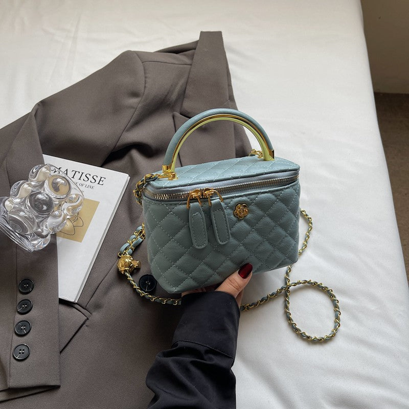 Women Luxury Shoulder Bag Diamond Quilted Metal Flower Accent Large Capacity Zipper Adjustable Strap for Daily Travel Business