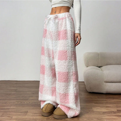 Christmas Elastic Waist Long Pants Women Trousers Wide leg Casual Female Belt Plaid Loose Ankle-Length Home Pants 2YK Pajama