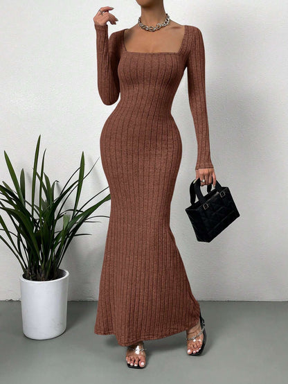 Women's Sexy Square Neck Mid-Length Knitted Dress Slim Fit Retro Long-Sleeved Wrap Hip Robe for Fall
